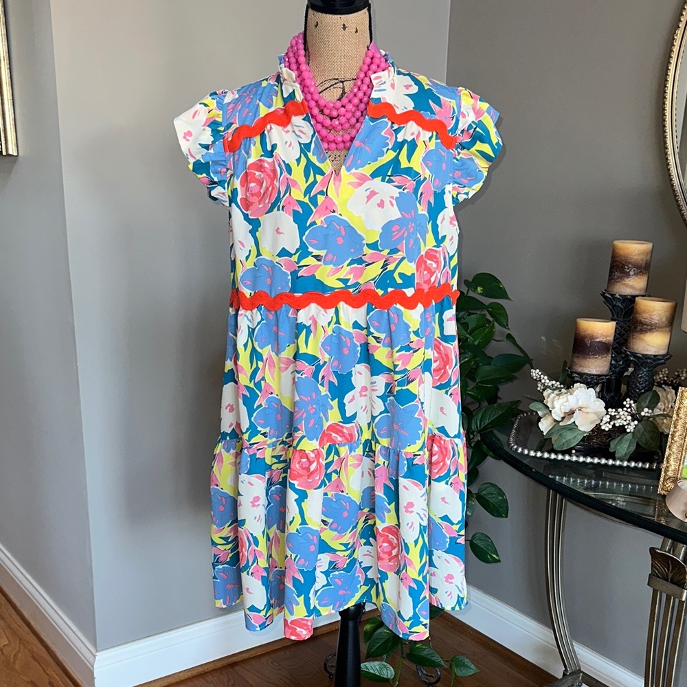Floral Print Midi Dress with Cap Ruffled Sleeves size Large NWOT🌸